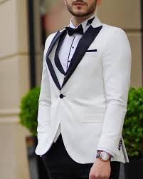 بدلة سهرة رجالية – جاكيت توكسيدو أبيض بياقة شال سوداء I Men’s White Tuxedo Jacket – Black Shawl Lapel Formal Blazer